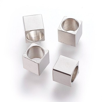 Tarnish Resistant 201 Stainless Steel European Beads, Large Hole Beads, Square, Stainless Steel Color, 6x6x6mm, Hole: 5mm