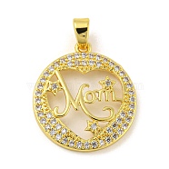 Real 18K Gold Plated Mother's Day Rack Plating Brass Micro Pave Cubic Zirconia Pendants, Long-Lasting Plated, Lead Free & Cadmium Free, Round with Word Mom, Clear, 25x22x3mm, Hole: 6x3mm(KK-R153-05G)