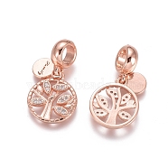 Brass Micro Pave Cubic Zirconia European Dangle Charms, Large Hole Pendants, Flat Round with Tree and Word Family, Clear, Rose Gold, 24.5mm, Flat Round: 8x6x1mm, Tree: 15x13x2mm, Hole: 5mm(X-ZIRC-E163-06RG)