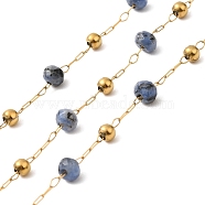 304 Stainless Steel Handmade Beaded Chains, with Dyed White Jades, with Spool, Unwelded, Real 18K Gold Plated, Steel Blue, 3~4.5x3~3.5mm, about 32.81 Feet(10m)/Roll(CHS-P017-A02-G)