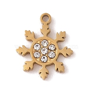 Ion Plating(IP) 304 Stainless Steel Charms, with Crystal Rhinestone, Cutting Corrosion Process, Snowflake, Golden, 11x9.5x1.5mm, Hole: 1mm(STAS-Z083-01G)