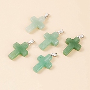 Natural Green Aventurine Pendants, Religion Cross Charms with Platinum Tone Metal Snap on Bails, 25x18x4mm(PW-WG70752-02)