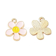 Alloy Enamel Pendants, Flower with Smiling Face Charm, Cadmium Free & Nickel Free & Lead Free, Golden, Pink, 21.2~21.3x18x1.4~1.5mm, Hole: 2~2.2mm(ENAM-C009-01G-03)