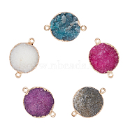 Plated Natural Druzy Agate Links Connectors, with Light Gold Plated Brass Findings, Mixed Color, 30~40x20~30x8~17mm, Hole: 2mm, 5 colors, 1pc/color, 5pcs/box(G-AR0003-64)