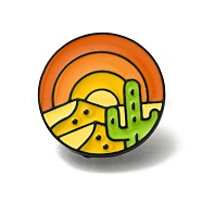 Mountain Scenery Series Enamel Pins, Round Black Alloy Brooch, Cactus, 26mm(JEWB-Z030-04H)