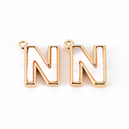 Brass Charms, with Shell, Real 18K Gold Plated, Nickel Free, Letter.N, 10x9x2mm, Hole: 0.8mm(KK-Q766-001N-NF)