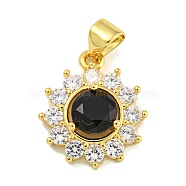 Flower Rack Plating Brass Micro Pave Cubic Zirconia Pendants, Cadmium Free & Lead Free, Long-Lasting Plated, Real 18K Gold Plated, Black, 18x14.5x5mm, Hole: 3.5x5mm(KK-G513-92G-03)