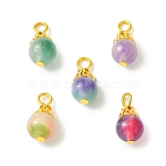 Natural White Jade Dyed Bead Pendants, Two Tone Round Charms with Golden Plated Iron Findings, Mixed Color, 16x7.5~8mm, Hole: 2.5mm(PALLOY-JF02306)