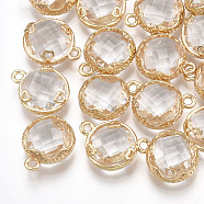 Glass Charms, with Brass Findings, Faceted, Flat Round with Heart, Golden, Clear, 14x11.5x4.5mm, Hole: 1.5mm(GLAA-S179-10H)
