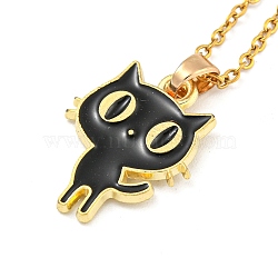 201 Stainless Steel Cable Chain Necklaces, Cat Shape Alloy Enamel Pendant Necklaces, Golden, 15.08~15.55 inch(38.3~39.5cm)(NJEW-G138-03G)