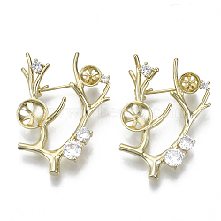 Brass Micro Pave Clear Cubic Zirconia Brooch Findings, For Half Drilled Beads, Leafy Branches, Nickel Free, Real 18K Gold Plated, 38x30mm, pin: 0.9mm(KK-N232-82-NF)