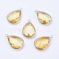 Golden Tone Brass Glass Teardrop Pendants, Faceted, Champagne Yellow, 18x10x5mm, Hole: 2mm(GLAA-M006-A-18G)