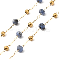 304 Stainless Steel Handmade Beaded Chains, with Dyed White Jades, with Spool, Unwelded, Real 18K Gold Plated, Steel Blue, 3~4.5x3~3.5mm, about 32.81 Feet(10m)/Roll(CHS-P017-A02-G)