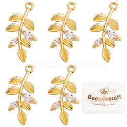 Brass Cubic Zirconia Pendants, Nickel Free, Leafy Branches, Clear, Real 18K Gold Plated, 17.5x9x3mm, Hole: 0.7mm, 10pcs/box(KK-BBC0002-70)