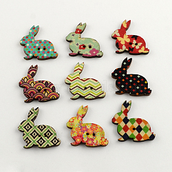 2-Hole Bunny Printed Wooden Buttons, Rabbit Silhouette, Mixed Color, 30x31x2.5mm, Hole: 1.5mm(BUTT-R031-194)