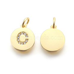 Eco-Friendly Brass Cubic Zirconia Charms, Letter Style, Long-Lasting Plated, Lead Free & Cadmium Free & Nickel Free, Flat Round, Clear, Golden, Letter.C, 13x11x2mm, Hole: 3mm(ZIRC-I020-G-C-NR)