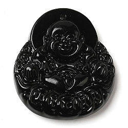 Glass Pendants, Figure of Buddha, Black, 39.5x36x10.5mm, Hole: 1mm(GLAA-C033-04G)