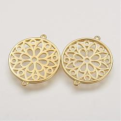 925 Sterling Silver Links, Flat Round with Flower, Golden, 24x20x1.5mm, Hole: 0.5mm(STER-K029-22G)