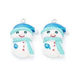 Resin Pendants, for Christmas Festival, with Platinum Iron Peg Bail, Glitter Powder, Snowman, Blue, 31x21x7mm, Hole: 2mm(RESI-O010-13)