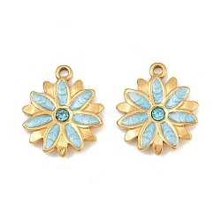 304 Stainless Steel Enamel Pendants, Flower Charms, with Rhinestone, Ion Plating(IP), Real 18K Gold Plated, Light Sky Blue, 16.5x14x1.5mm, Hole: 1.5mm(SA-CBADC81-09G-02)