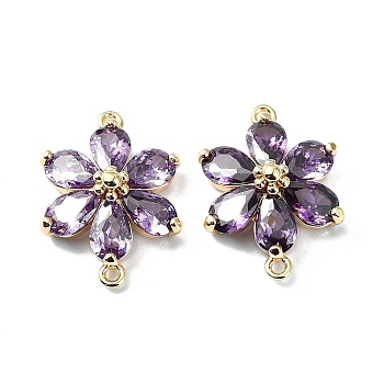Brass Pave Medium Orchid Cubic Zirconia Connector Charms, Flower Links, Real 18K Gold Plated, 18.5x13.5x5.5mm, Hole: 1mm