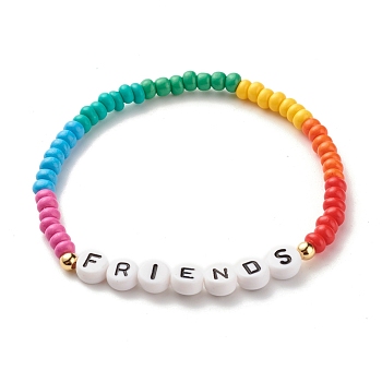 Word FRIENDS Stretch Bracelets, Brass & Opaque Acrylic & Baking Paint Glass Seed Beaded Bracelets, Colorful, 0.4~0.7cm, Inner Diameter: 2-1/4 inch(5.7cm)