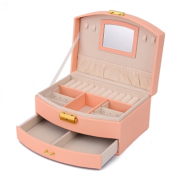 2-Tier Imitatoin Leather Jewelry Organizer Storage Drawer Boxes, with Mirror Inside, Rectangle, Light Coral, 20x16x10.5cm