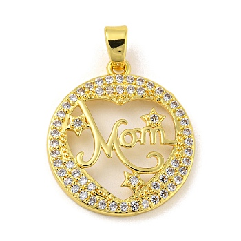 Real 18K Gold Plated Mother's Day Rack Plating Brass Micro Pave Cubic Zirconia Pendants, Long-Lasting Plated, Lead Free & Cadmium Free, Round with Word Mom, Clear, 25x22x3mm, Hole: 6x3mm