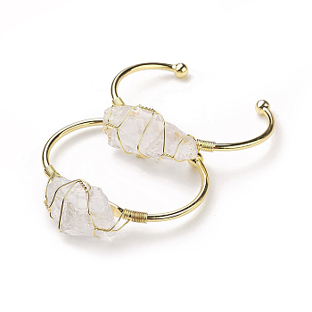 Long-Lasting Plated Brass Cuff Bangles, with Natural Quartz Crystal, Nuggets, Golden, 1-3/8 inchx2-3/8 inch(3.8x6cm), 2.8mm