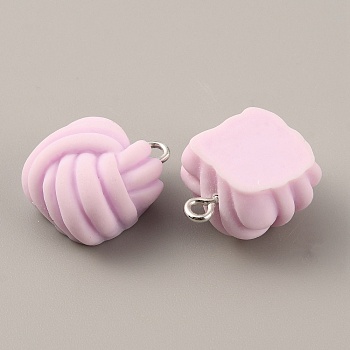 Opaque Resin Pendants, Frosted Square Yarn Ball Charms, with Platinum Tone Iron Findings, Plum, 20x15.5x11mm, Hole: 2mm