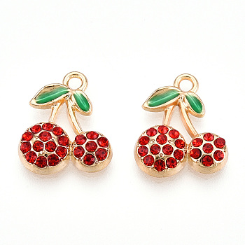 Rack Plating Alloy Pendants, with Rhinestone, Cherry, Hyacinth, 16.5x14x3.5mm, Hole: 1.8mm