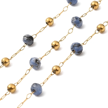304 Stainless Steel Handmade Beaded Chains, with Dyed White Jades, with Spool, Unwelded, Real 18K Gold Plated, Steel Blue, 3~4.5x3~3.5mm, about 32.81 Feet(10m)/Roll