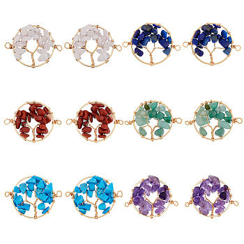 12Pcs 6 Styles Natural & Synthetic Mixed Gemstone Chip Tree of Life Connector Charms, Flat Round Links with Golden Tone Copper Wire Wrapped, 43x30x5~8mm, Hole: 2.8mm, 2pcs/style