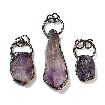 Natural Amethyst Big Pendants, Nuggets Brass Charms with Jump Ring, Red Copper, 38.5~69x20~22x11~14mm, Hole: 6.5mm