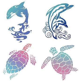 8Pcs 4 Styles Self Adhesive PVC Sticker, for Wall, Window or Stairway Decoration, Flat Round, Sea Animals, Sticker: 16x16cm, 2pcs/style