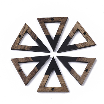 Resin & Walnut Wood Pendants, Triangle, Black, 27.5x24x3.5mm, Hole: 1.8mm