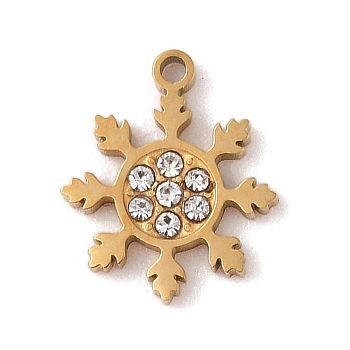 Ion Plating(IP) 304 Stainless Steel Charms, with Crystal Rhinestone, Cutting Corrosion Process, Snowflake, Golden, 11x9.5x1.5mm, Hole: 1mm