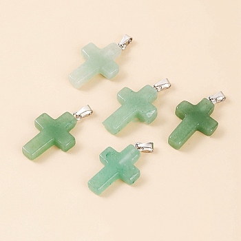 Natural Green Aventurine Pendants, Religion Cross Charms with Platinum Tone Metal Snap on Bails, 25x18x4mm