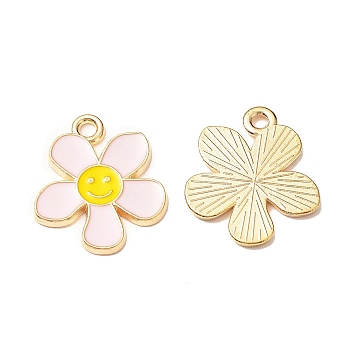 Alloy Enamel Pendants, Flower with Smiling Face Charm, Cadmium Free & Nickel Free & Lead Free, Golden, Pink, 21.2~21.3x18x1.4~1.5mm, Hole: 2~2.2mm