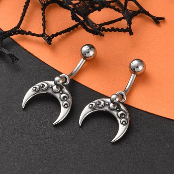 Crescent Moon 316 Surgical Stainless Steel Dangle Belly Button Rings, Piercing Navel Rings, Barbell Body Jewelry for Women, Antique Silver, 28x14mm