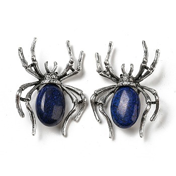 Dual-use Items Alloy Pave Jet Rhinestone Spider Brooch, with Natural Lapis Lazuli, Antique Silver, 57.5x41.5x12mm, Hole: 4.5x4mm