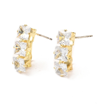 Brass Micro Pave Clear Cubic Zirconia Stud Earring Findings, with Loop, Rectangle, Golden, 17x6mm, Pin: 0.7mm