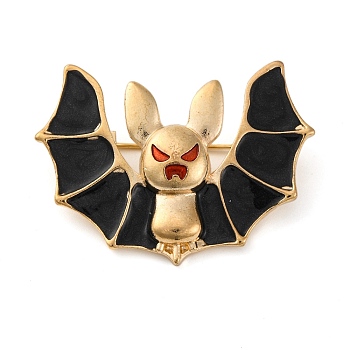 Halloween Zinc Alloy Brooches, Black Enamel Pins for Clothes Backpack, Light Gold, Bat, 29x40.5mm