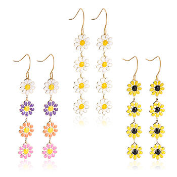 3 Pairs 3 Colors Enamel Daisy Flower Dangle Earrings, Light Gold Brass Long Drop Earrings for Women, Mixed Color, 64mm, Pin: 0.7mm, 1 Pair/color