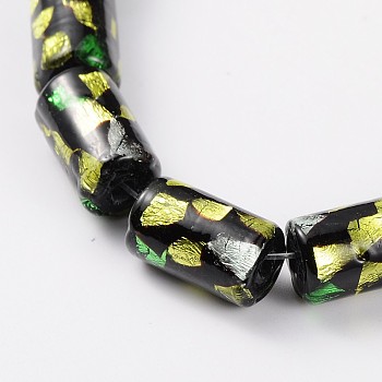 Handmade Gold and Silver Foil Glass Column Beads, Lime Green, 13x8mm, Hole: 1mm