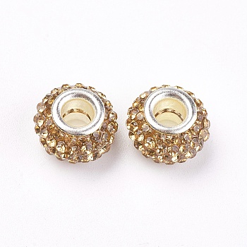 Grade A Rhinestone European Beads, Large Hole Beads, Resin, with Silver Color Plated Brass Core, Rondelle, Light Colorado Topaz, 12x8mm, Hole: 4mm