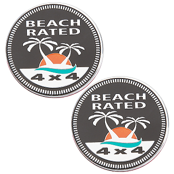2Pcs 3D Aluminum Car Stickers, Flat Round with Word BEACH RATED, Tree Pattern, 6x0.3cm