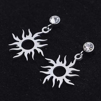 201 Stainless Steel Dangle Stud Earrings, with Clear Cubic Zirconia, Sun, Stainless Steel Color, 24mm, Pin: 0.8mm