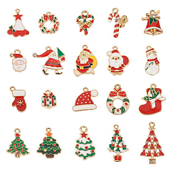 40Pcs 20 Styles Christmas Alloy Enamel Pendants, with Crystal Rhinestone, Mixed Shapes, Mixed Color, 14~29x10~23.5x1~5mm, Hole: 1.4~2mm, 2pcs/style 