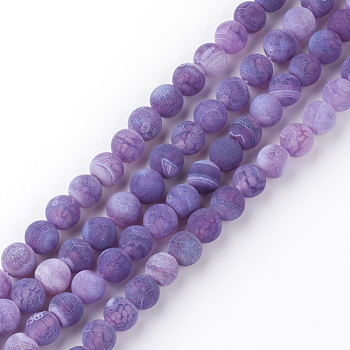 Natural Fire Crackle Agate Bead Strands, Frosted, Dyed, Round, Orchid, 6mm, Hole: 1.5mm, about 63pcs/strand, 15.7 inch